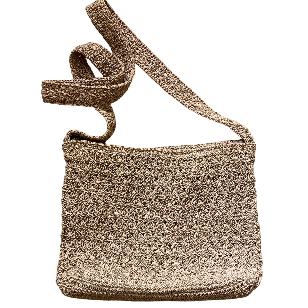 Kathy Ireland Crochet Shoulder Bag Purse wCoin Bag Vintage 80s Retro Beige Cream